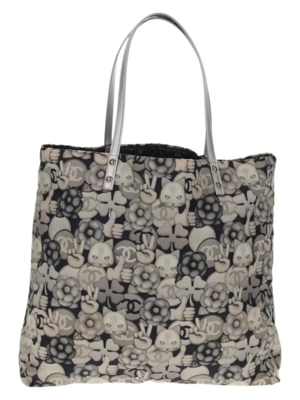 CHANEL COCO Mark Tote Bag Nylon Navy Gray CC Auth 145888V